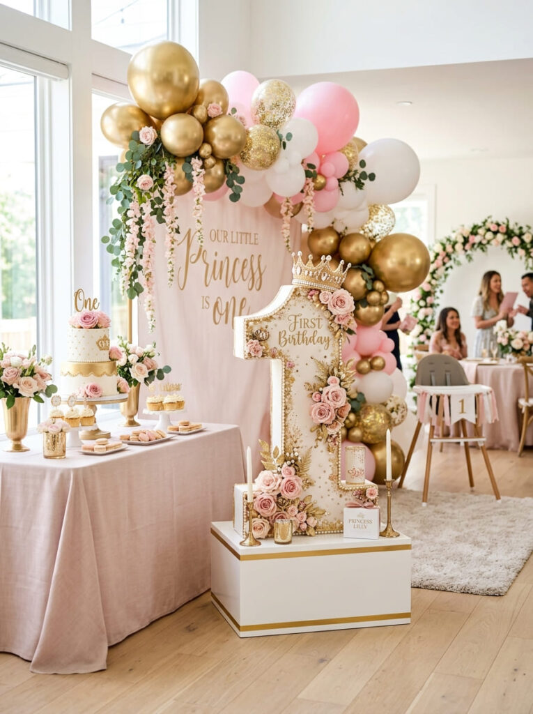 Princess first birthday number one display with royal-inspired accents