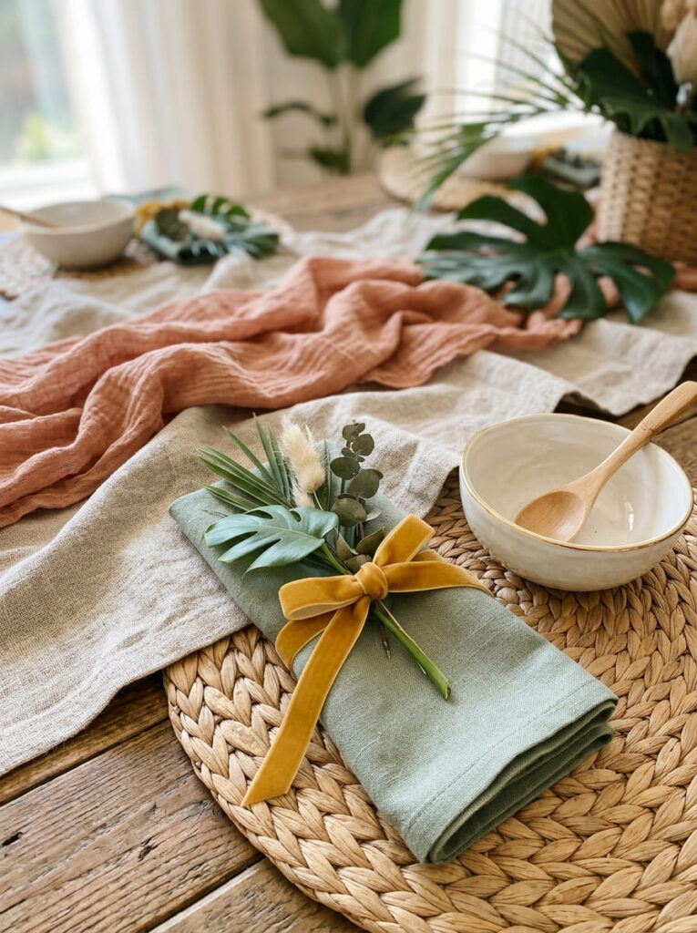Fabrics and textures used to soften and style a Moana first birthday setup