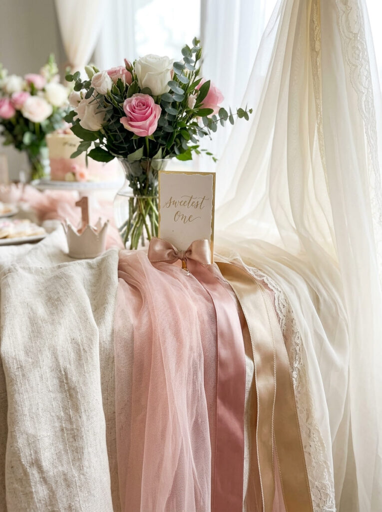 Fabrics and textures used to soften and style a princess first birthday setup