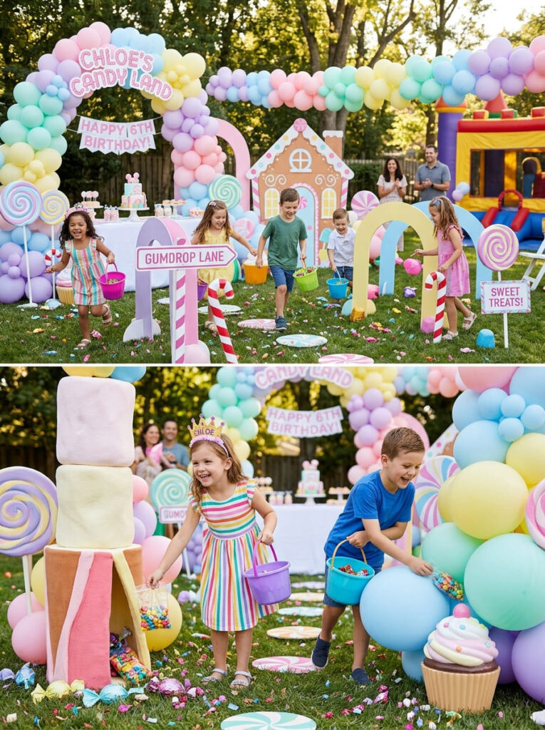 Kids enjoying a candy hunt at a Candy Land birthday party

