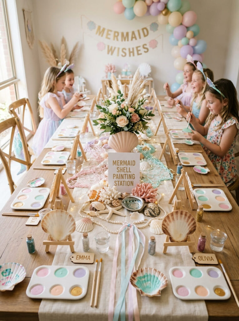 Shell painting craft table for a mermaid-themed kids party