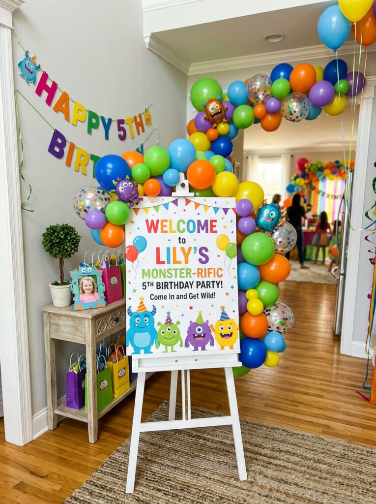 Friendly monster welcome sign with bright balloons and playful monster details