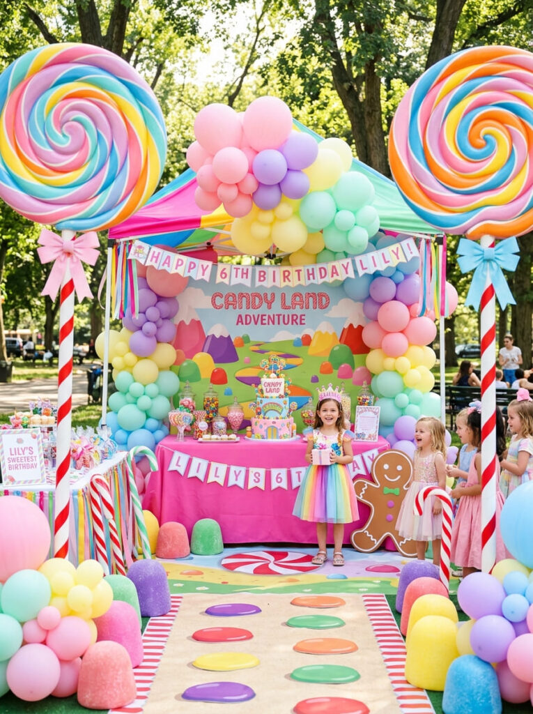 Giant lollipop decorations framing a Candy Land birthday party setup

