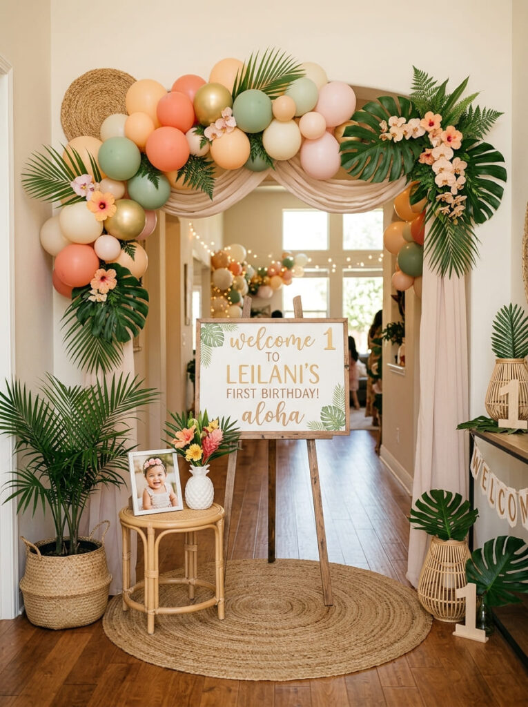 Moana first birthday entrance with tropical balloons and a welcome sign