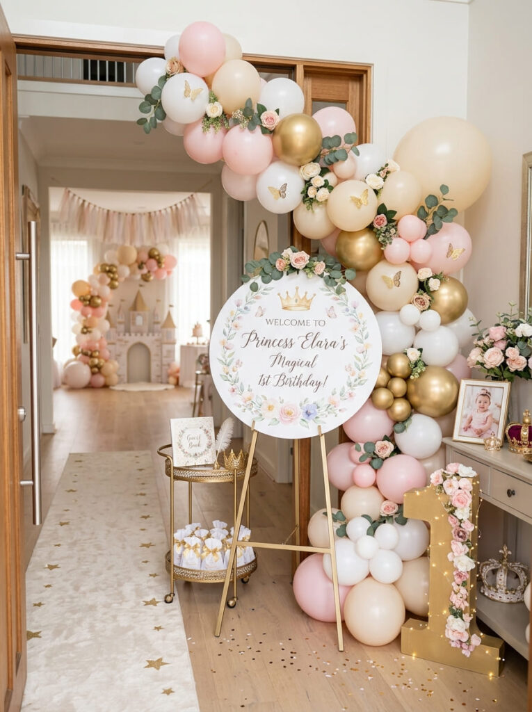 Princess first birthday entrance with balloons and a welcome sign