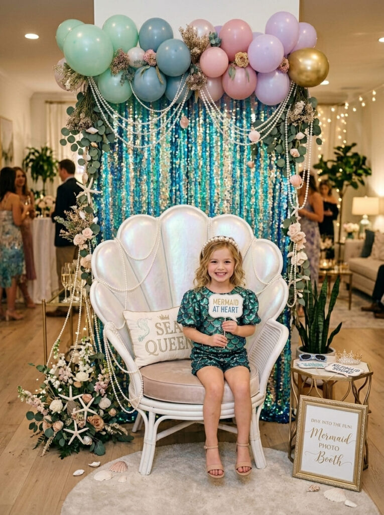 Chic mermaid photo booth with pearls and a shimmering backdrop