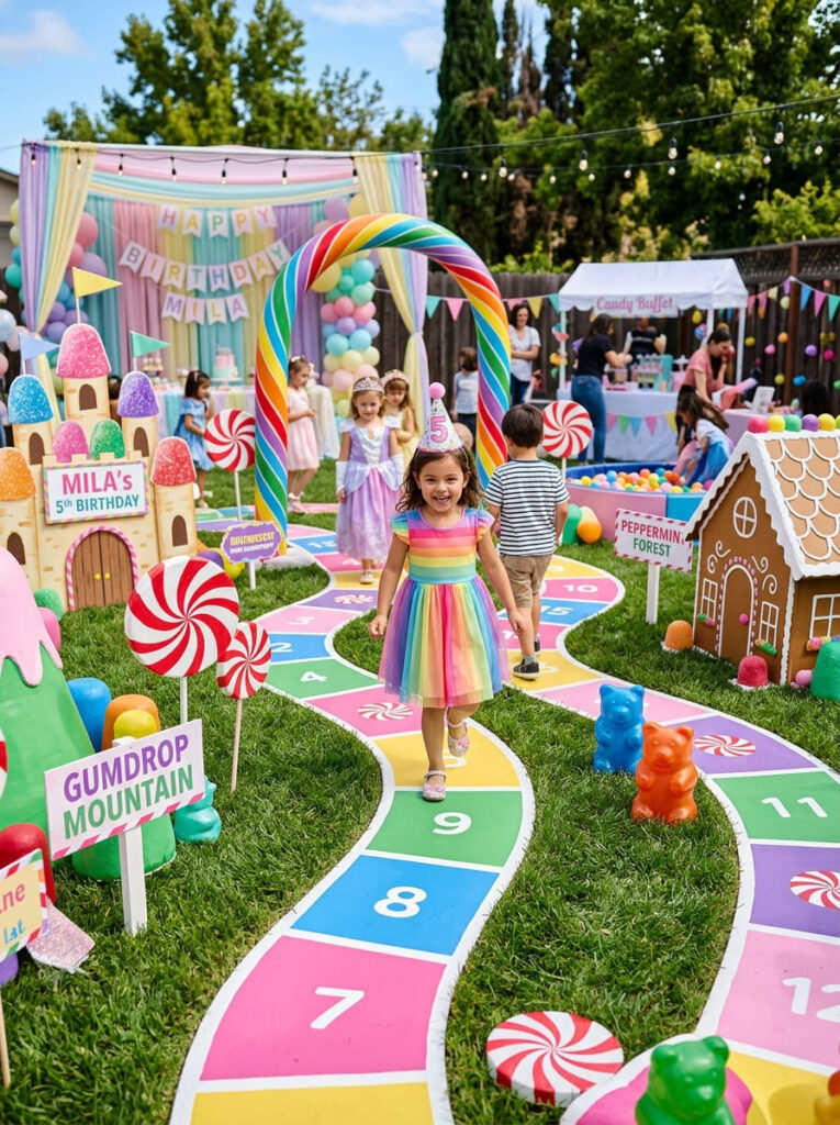 Life-size Candy Land game path at a colorful birthday party

