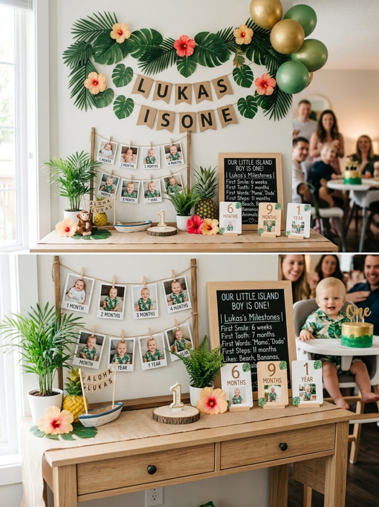 Moana first birthday memory display with baby photos and milestone cards