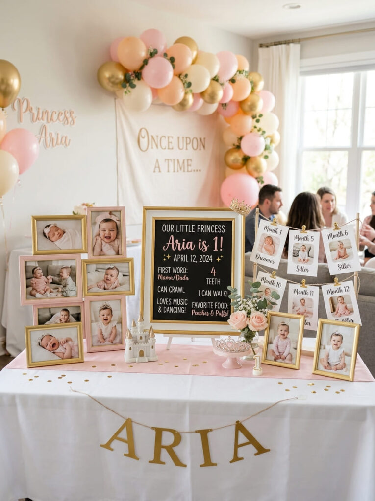 Princess first birthday memory display with baby photos and milestone cards