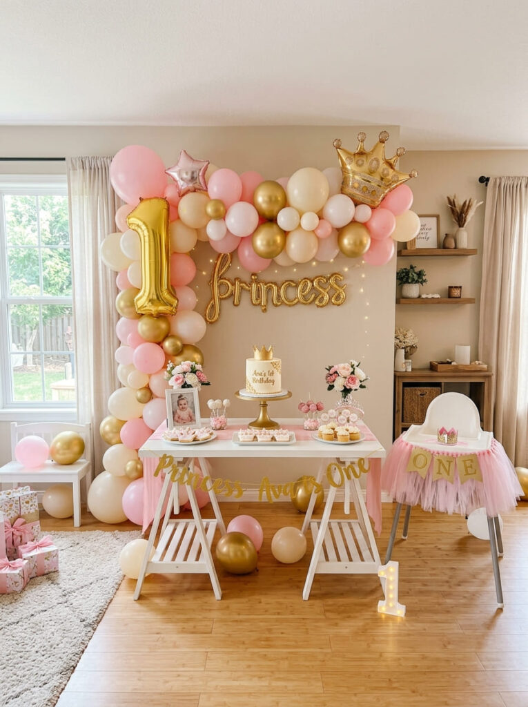 Budget friendly princess first birthday setup with stylish royal decor