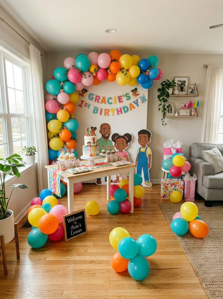 Budget friendly Gracie’s Corner first birthday setup with stylish colorful decor
