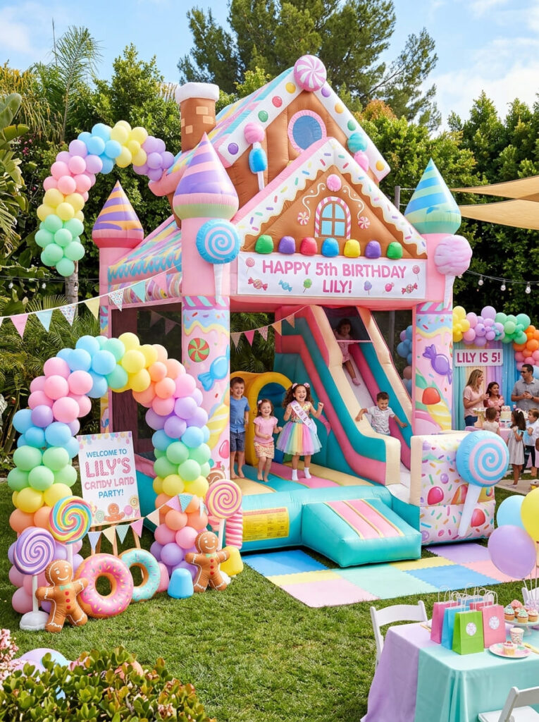 Candy Land themed bounce house and play area for kids

