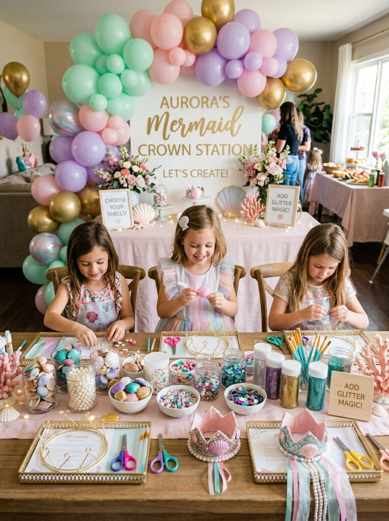 Mermaid crown-making station with shells, pearls, and glitter