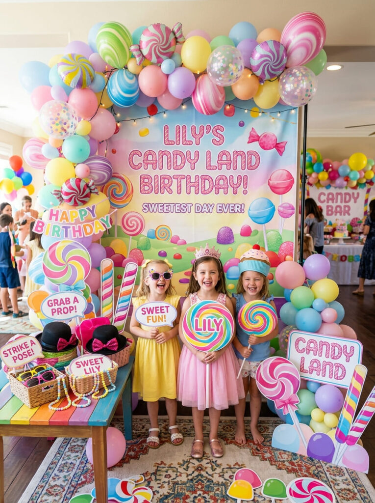Candy Land photo booth with oversized lollipop props and bright backdrop

