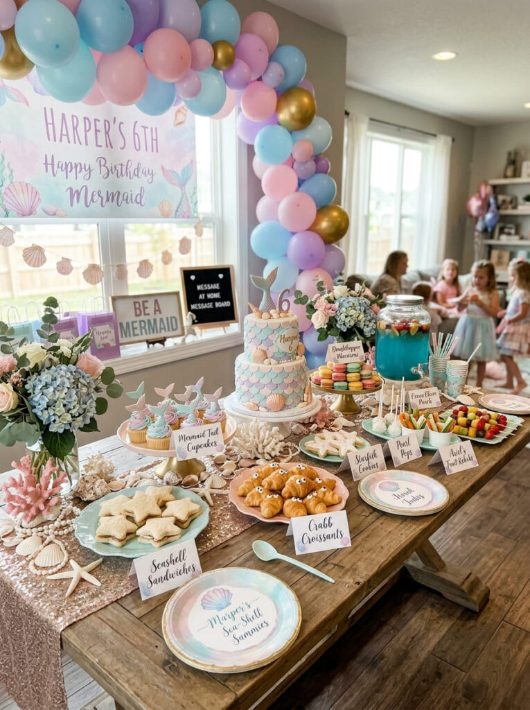 Ocean-inspired food labels on a stylish mermaid party table