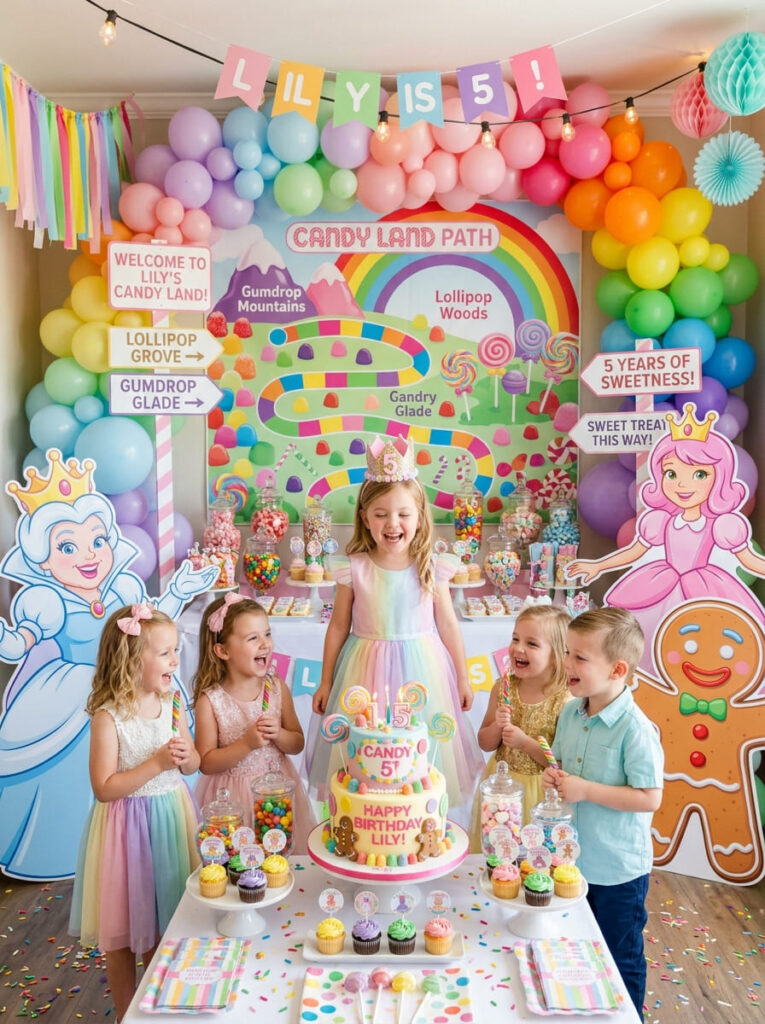Candy Land character-inspired decorations at a colorful birthday party

