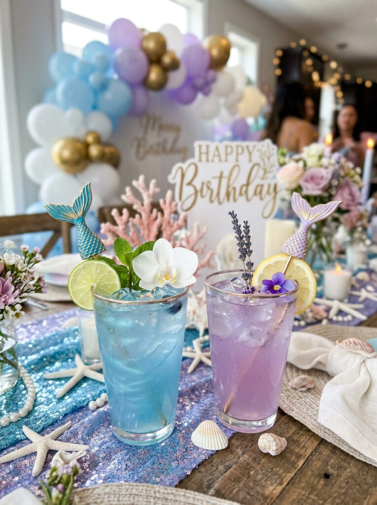Mermaid mocktails in clear cups with soft pastel colors