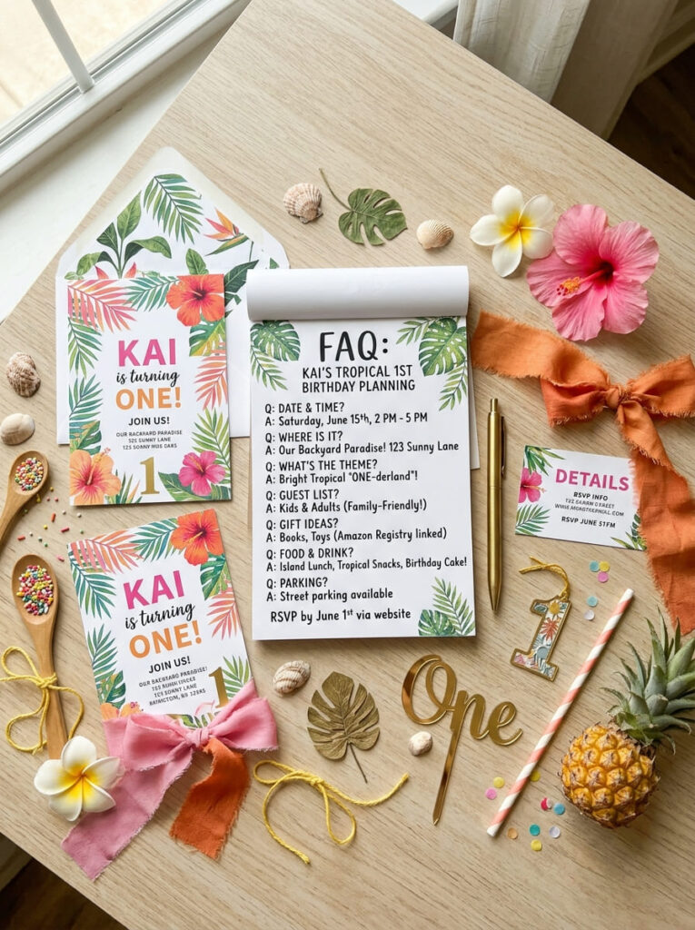 Moana first birthday planning flat lay with questions and themed cards