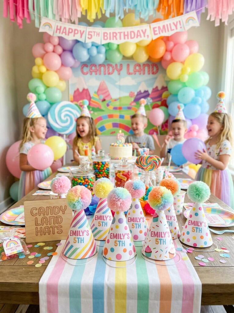 Bright Candy Land party hats with colorful pom-pom details

