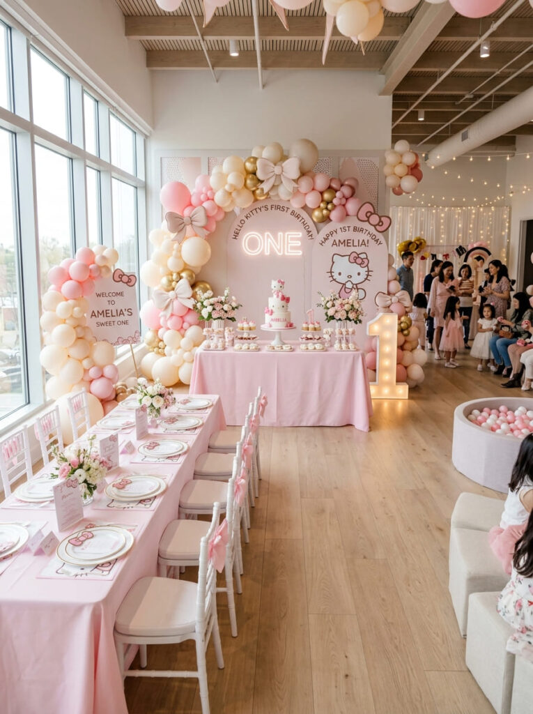 Full Hello Kitty first birthday setup with coordinated themed decor