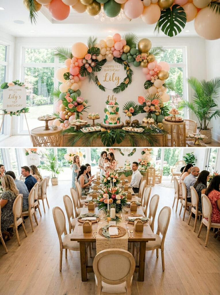 Full Moana first birthday setup with coordinated tropical decor
