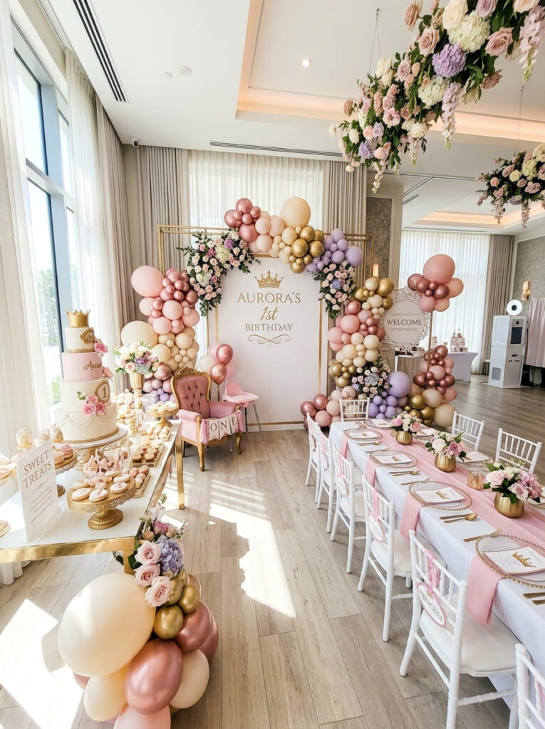Princess first birthday planning flat lay with questions and themed cards