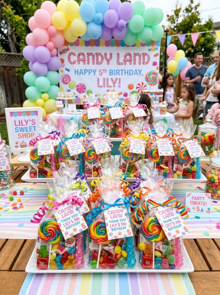 Candy Land favor bags filled with sweets on a birthday party table

