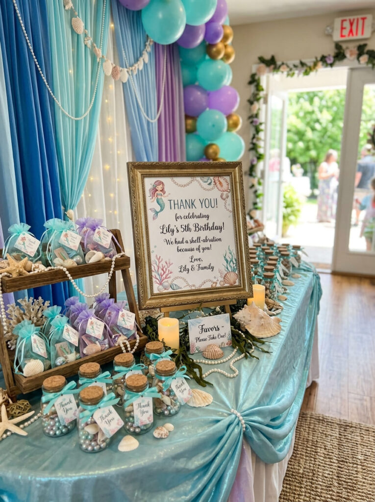 Simple mermaid thank you display with favors near the exit

