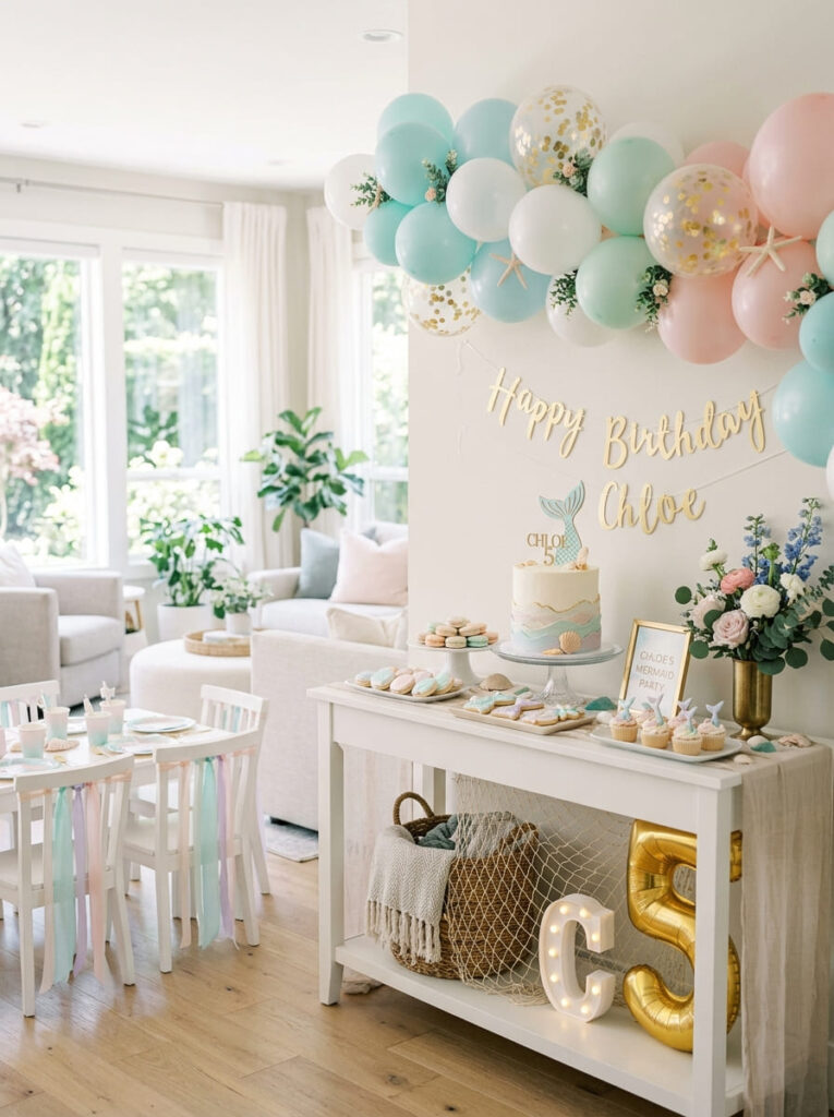 Light and airy mermaid birthday party setup with elegant decor

