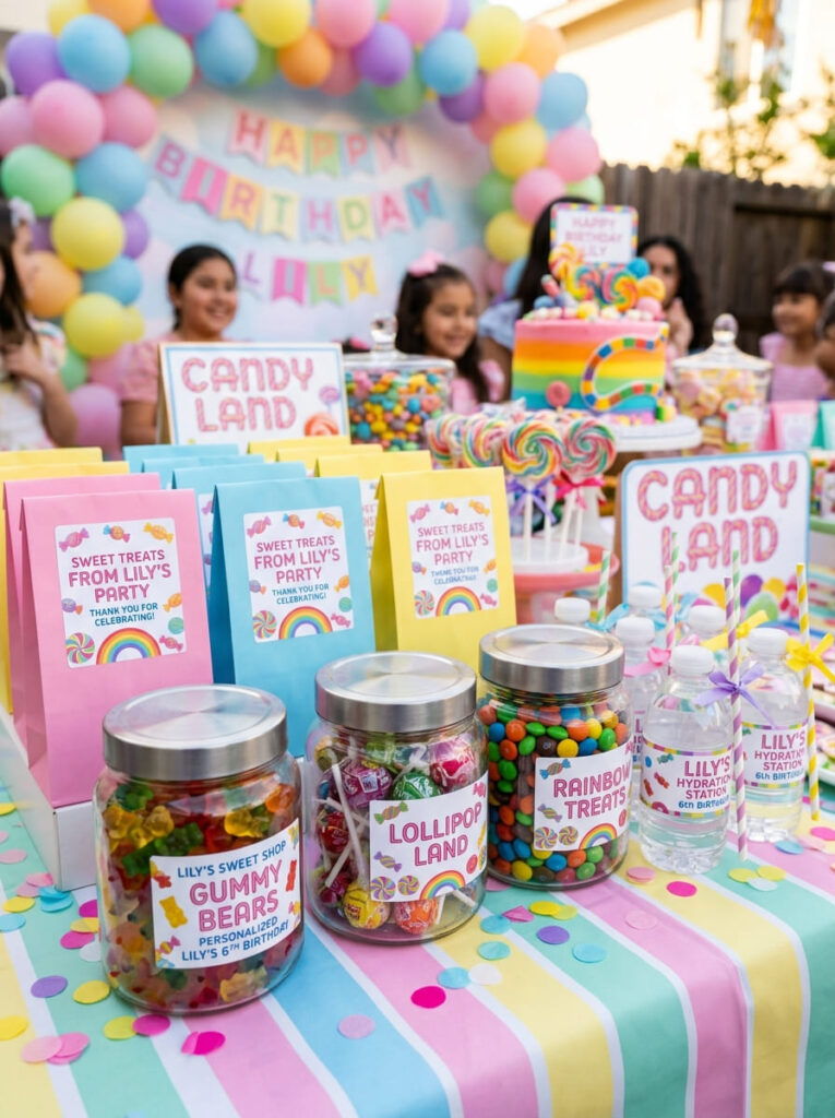 Personalized candy labels on jars and party favors at a Candy Land party

