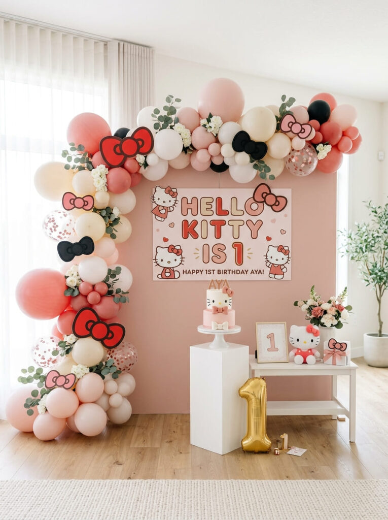 Hello Kitty first birthday backdrop with balloons and bow details