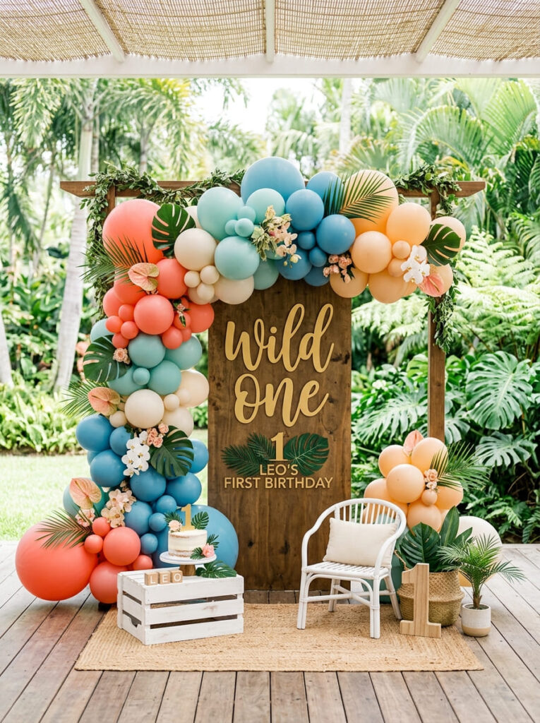 Moana first birthday backdrop with balloons and tropical details