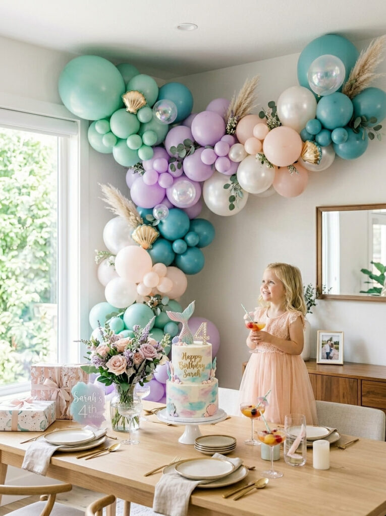 Stylish mermaid balloon garland in soft ocean-inspired colors