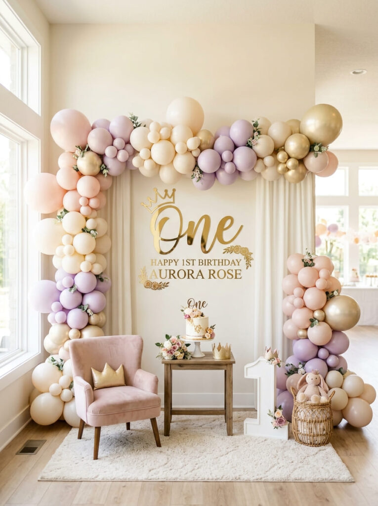Princess first birthday backdrop with balloons and royal details