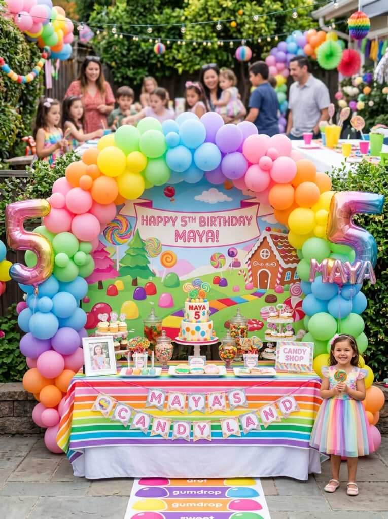 Rainbow balloon arch over a Candy Land themed birthday party table

