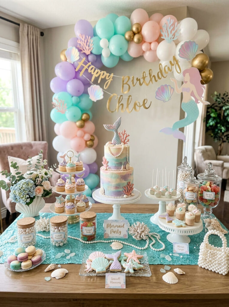 Chic mermaid dessert table with shells, pearls, and pastel sweets
