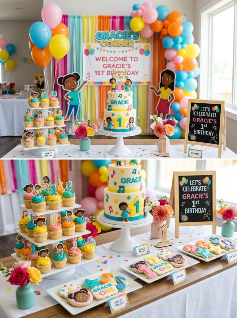 Gracie’s Corner first birthday dessert table with cake cupcakes and colorful details