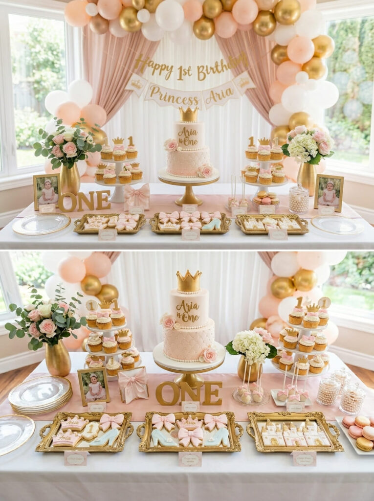 Princess first birthday dessert table with cake cupcakes and royal details