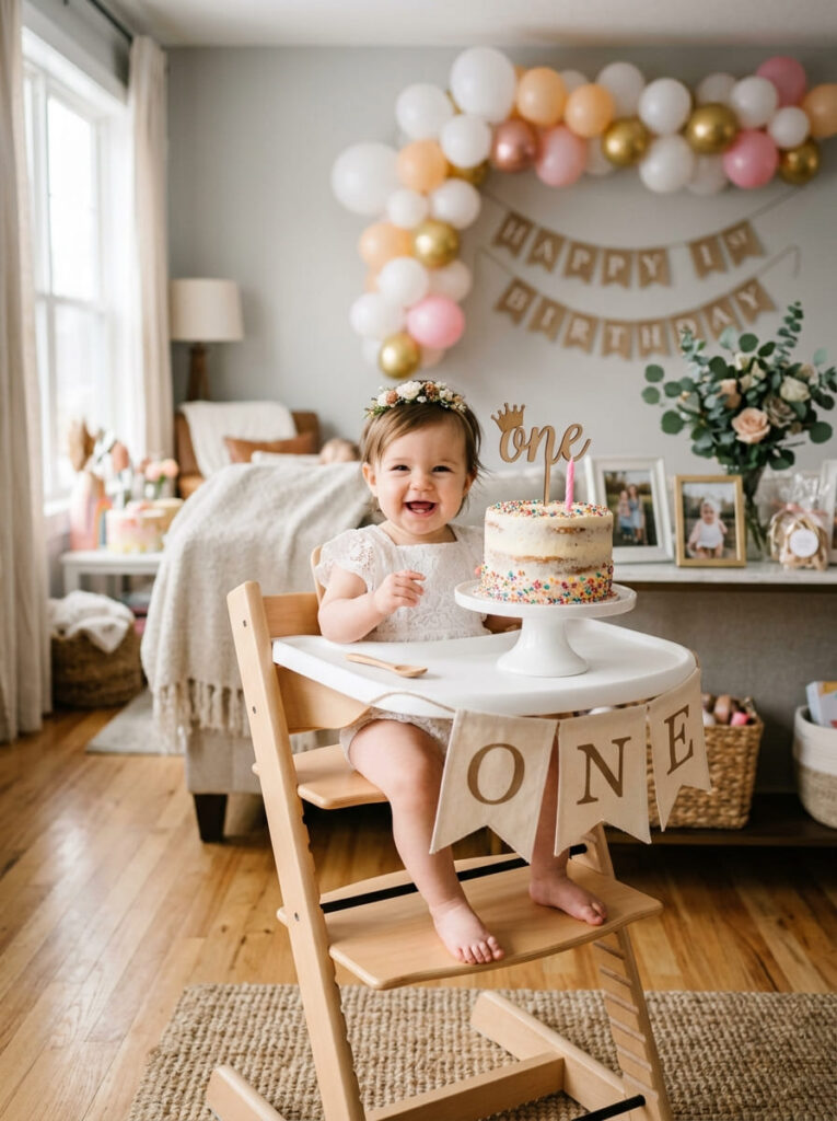 Gracie’s Corner first birthday cake moment with a simple high chair and soft balloons