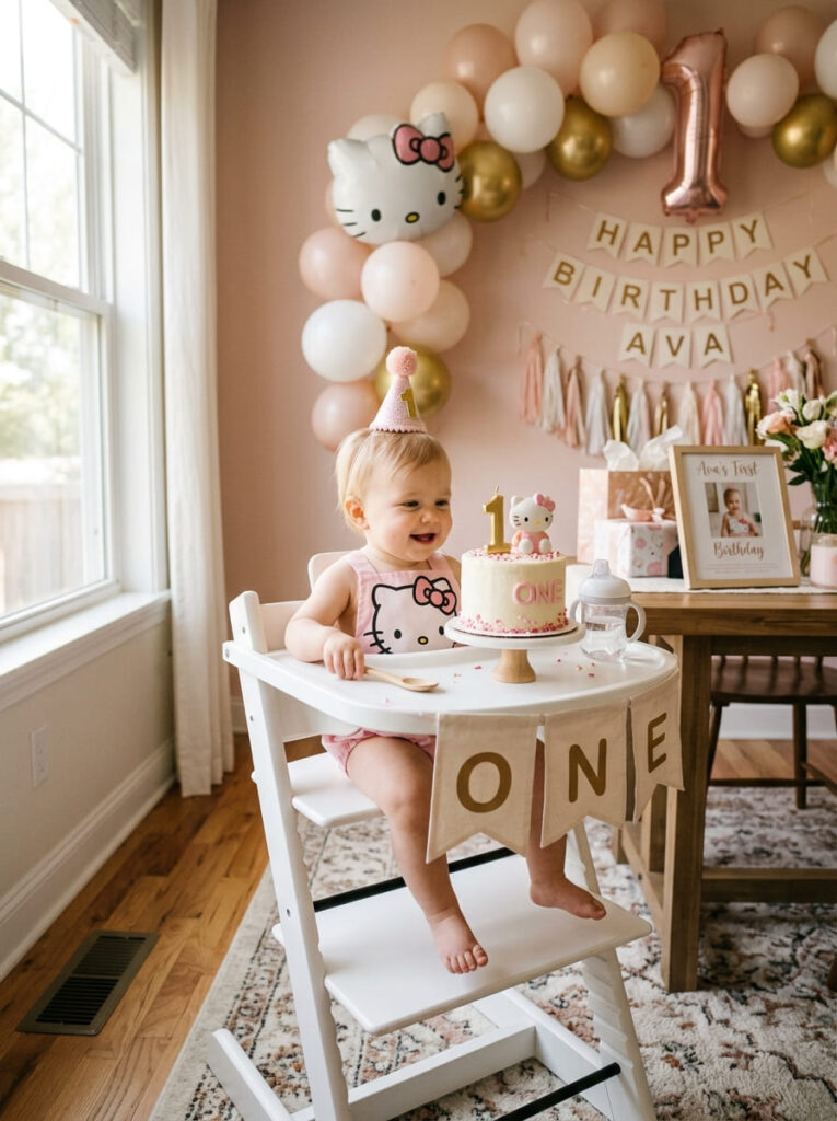 Hello Kitty first birthday cake moment with a simple high chair and soft balloons