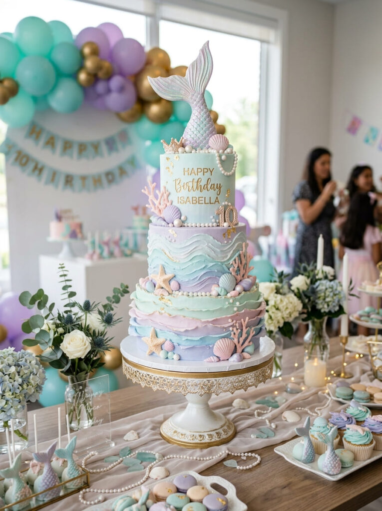Elegant mermaid birthday cake with pearl and seashell details