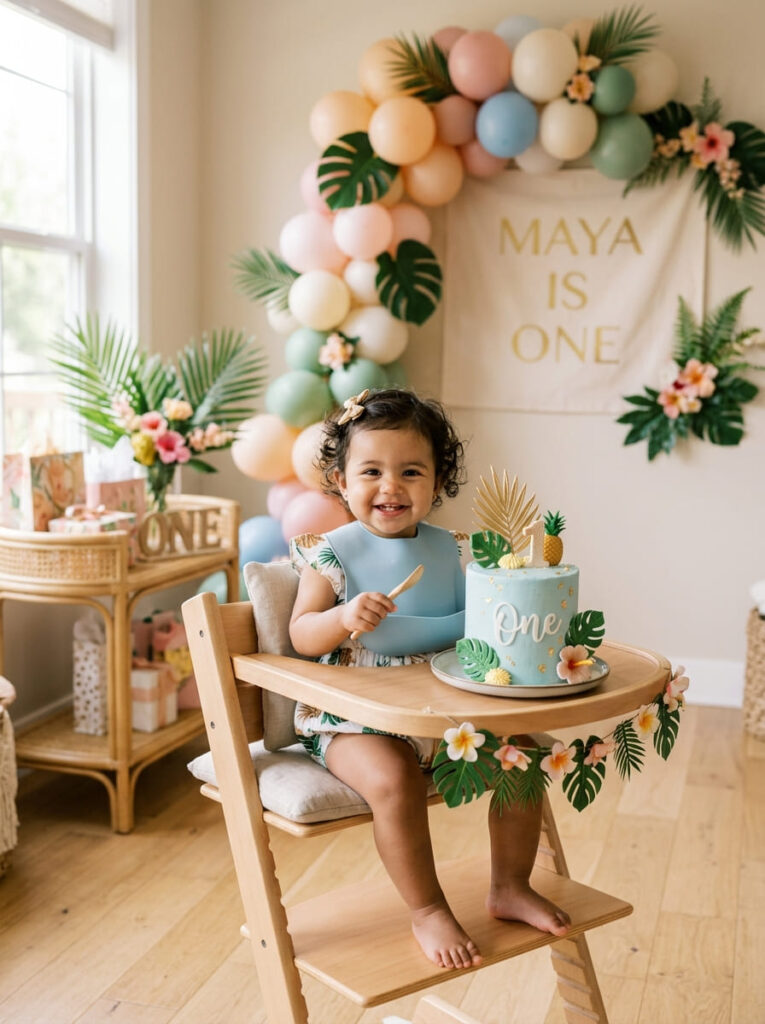 Moana first birthday cake moment with a simple high chair and soft tropical balloons