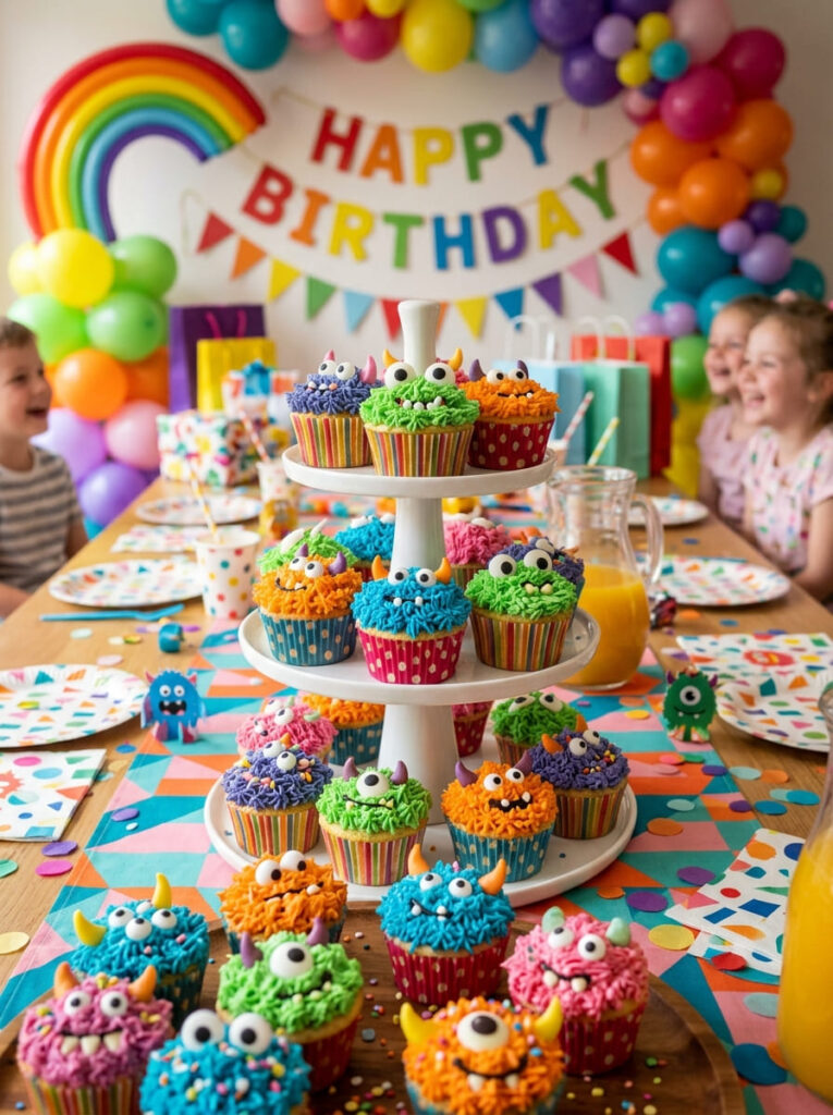 Monster cupcakes with googly eye toppers and bright frosting