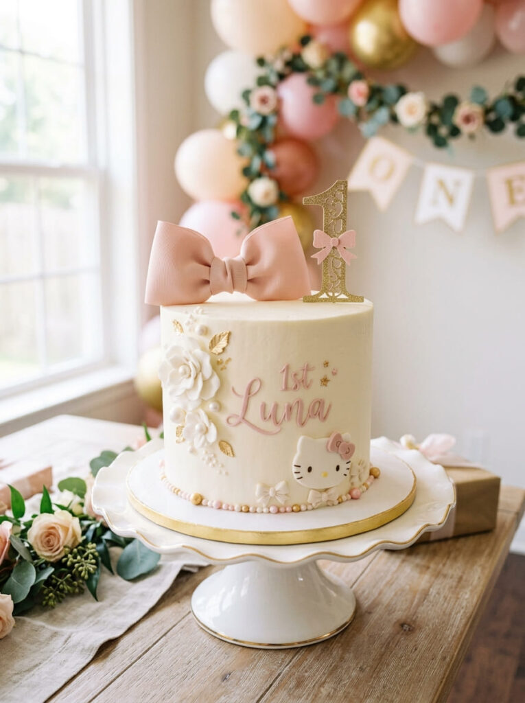 Hello Kitty first birthday cake with a bow topper and number one detail