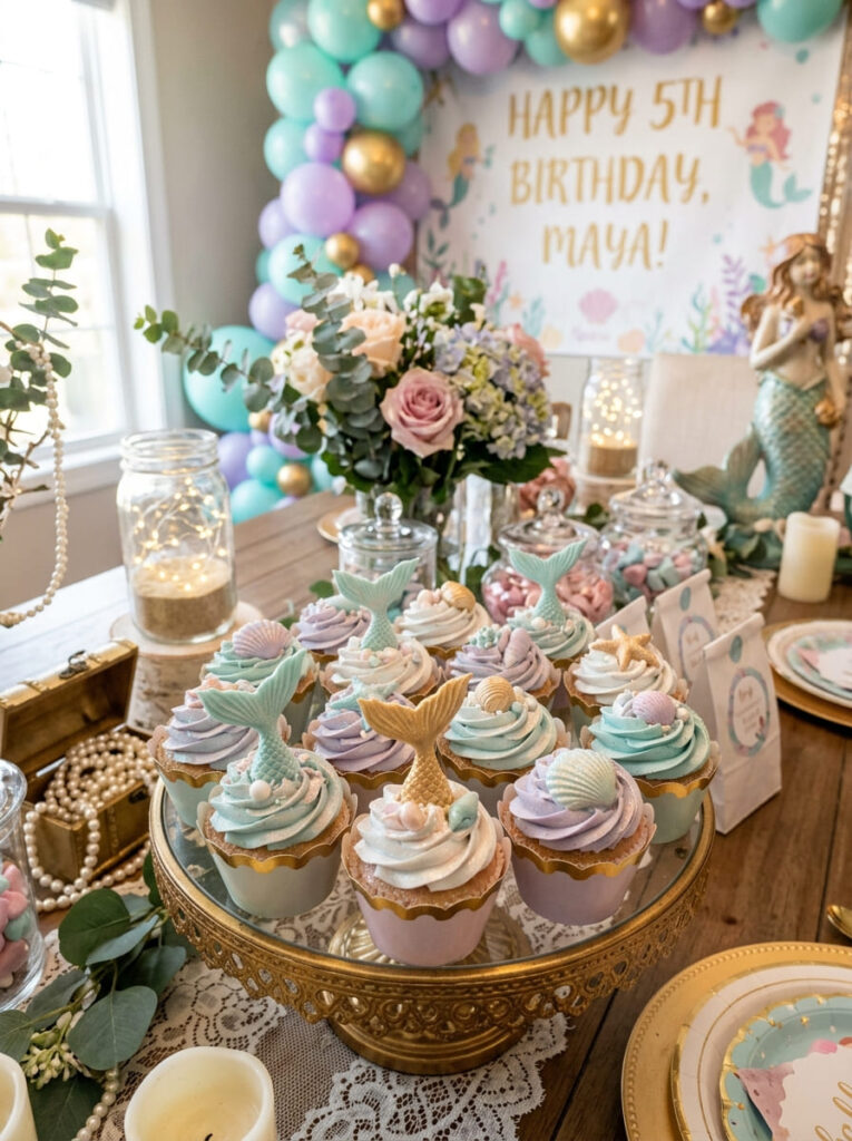 Mermaid cupcakes with shell toppers and soft pastel frosting

