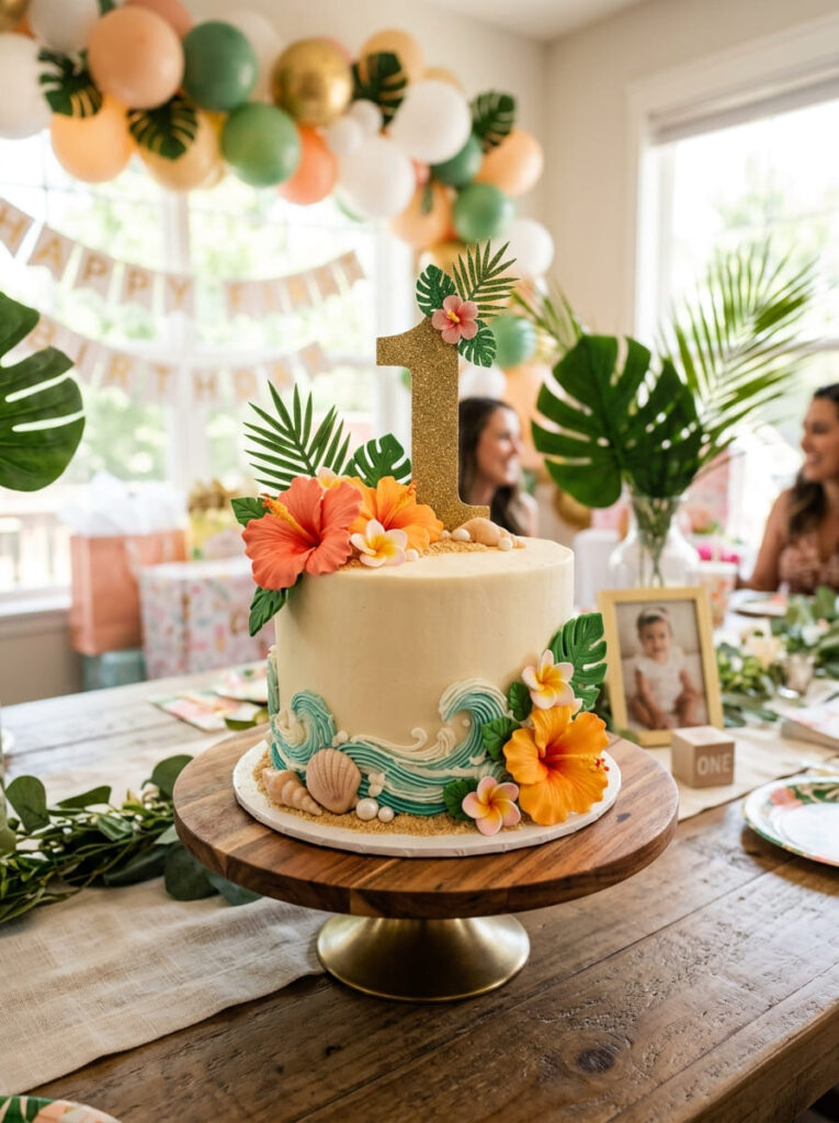 Moana first birthday cake with tropical flowers wave details and a number one topper