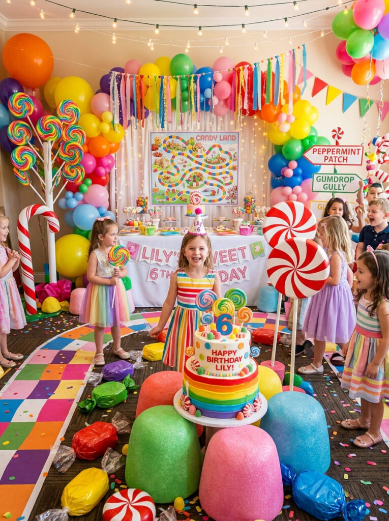Oversized candy props decorating a bright Candy Land party

