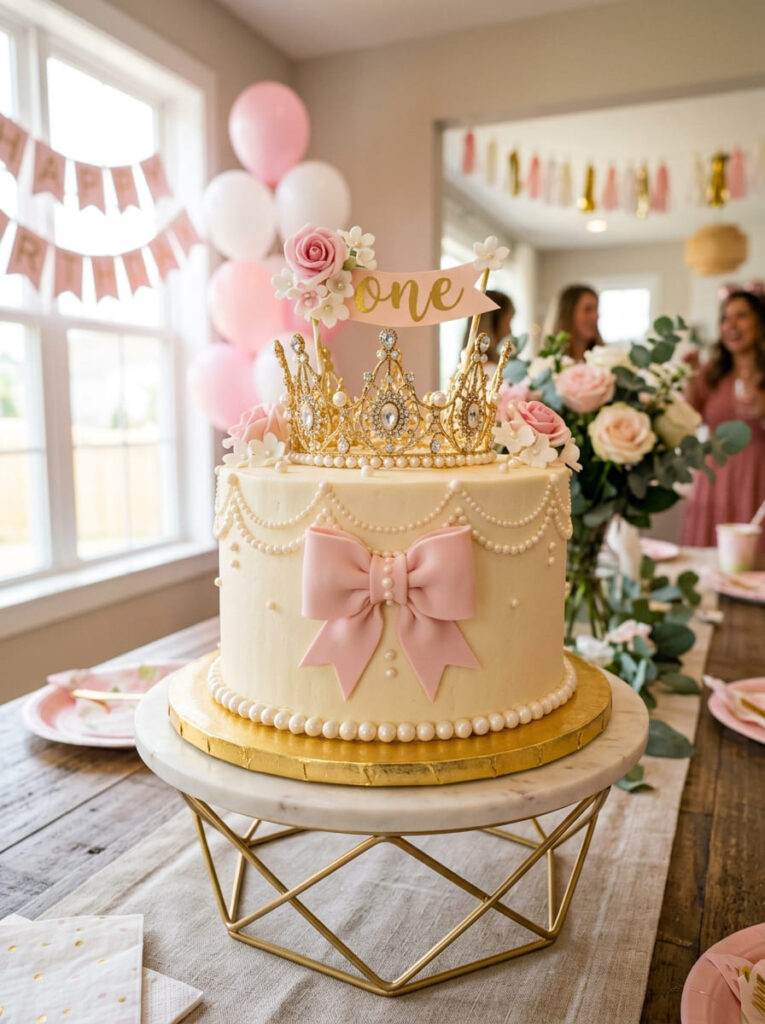 Princess first birthday cake with a crown topper and pearl details