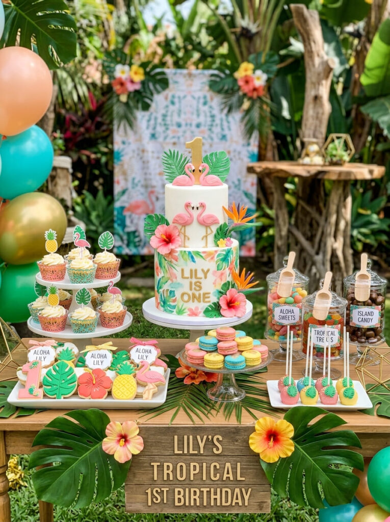 Moana first birthday dessert display with cupcakes cookies and tropical sweets