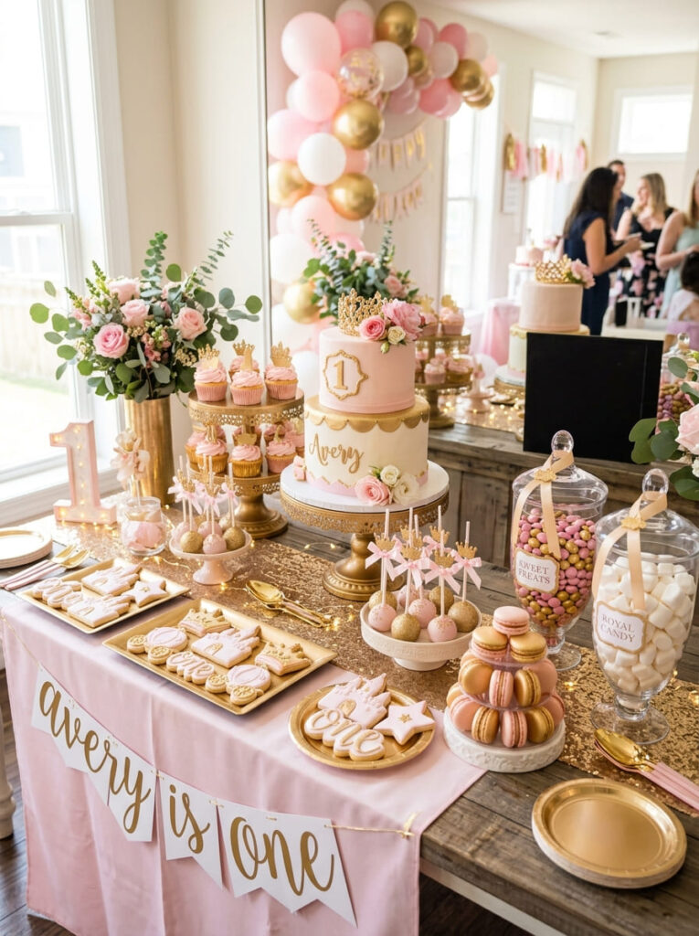 Princess first birthday dessert display with cupcakes cookies and royal sweets